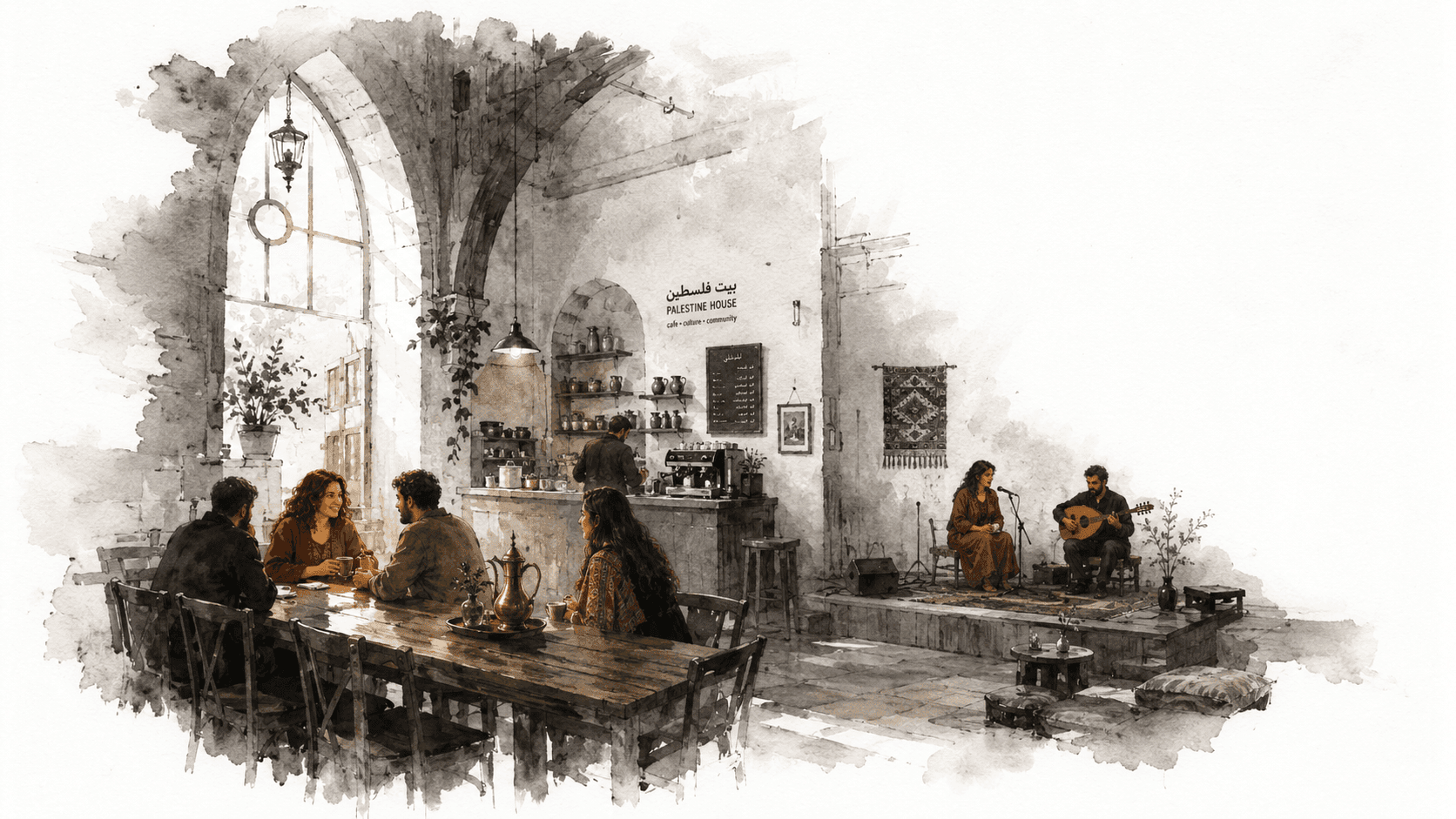 An illustration of the café-and-stage room of Palestine House, warm and full of life.
