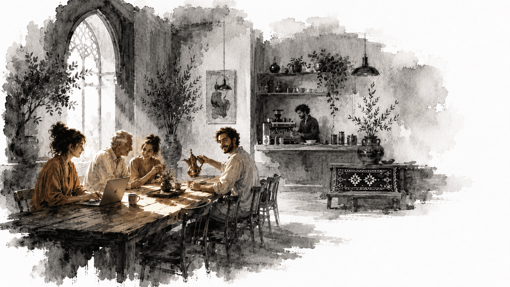 An illustration of people gathered around a long table in the café of Palestine House, sharing a meal in warm late light.