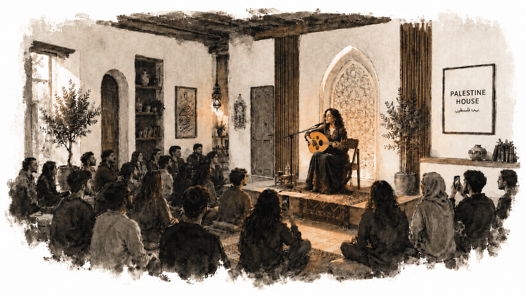 An illustration of a musician playing the oud on the low stage of Palestine House, an audience gathered close.