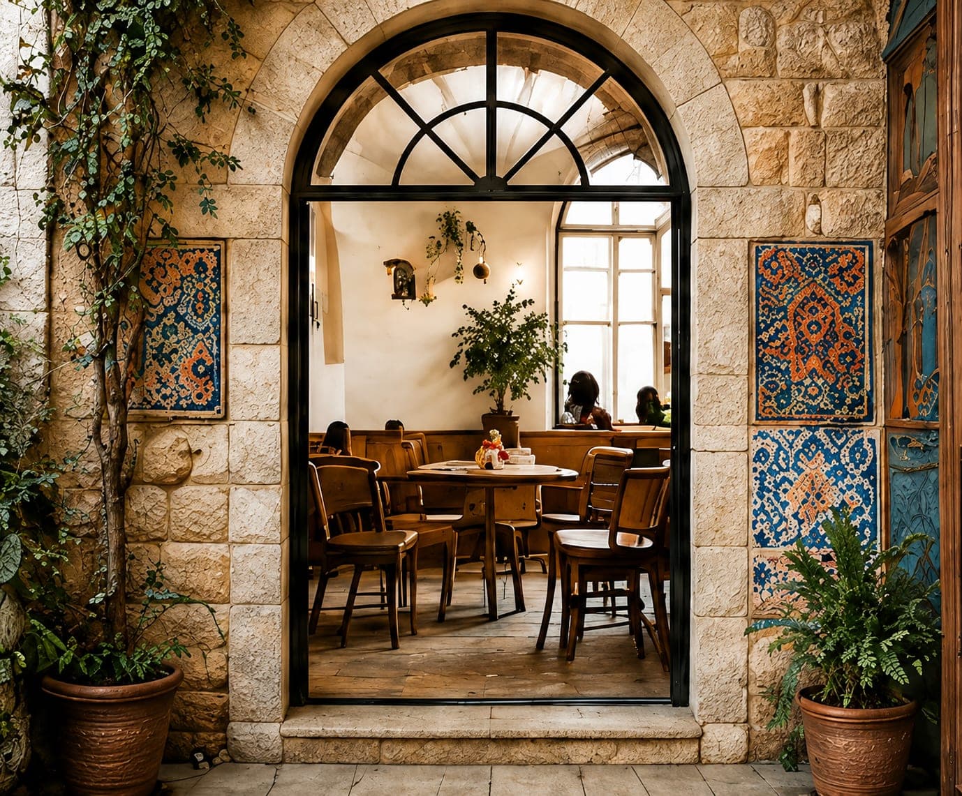 An arched stone doorway opening into the warm café room of a Palestine House.