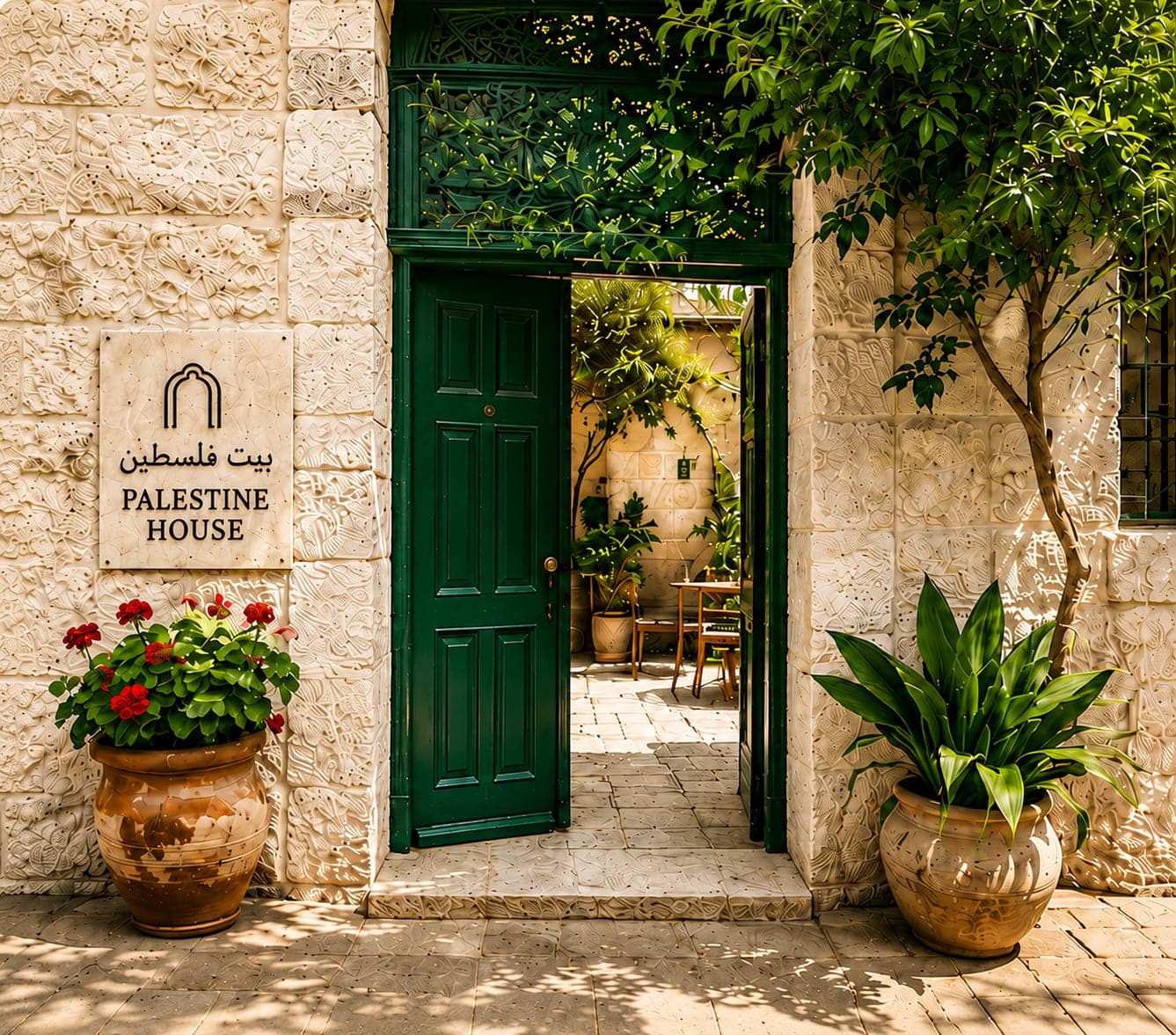 The green door of a Palestine House, open to a sunlit courtyard café.