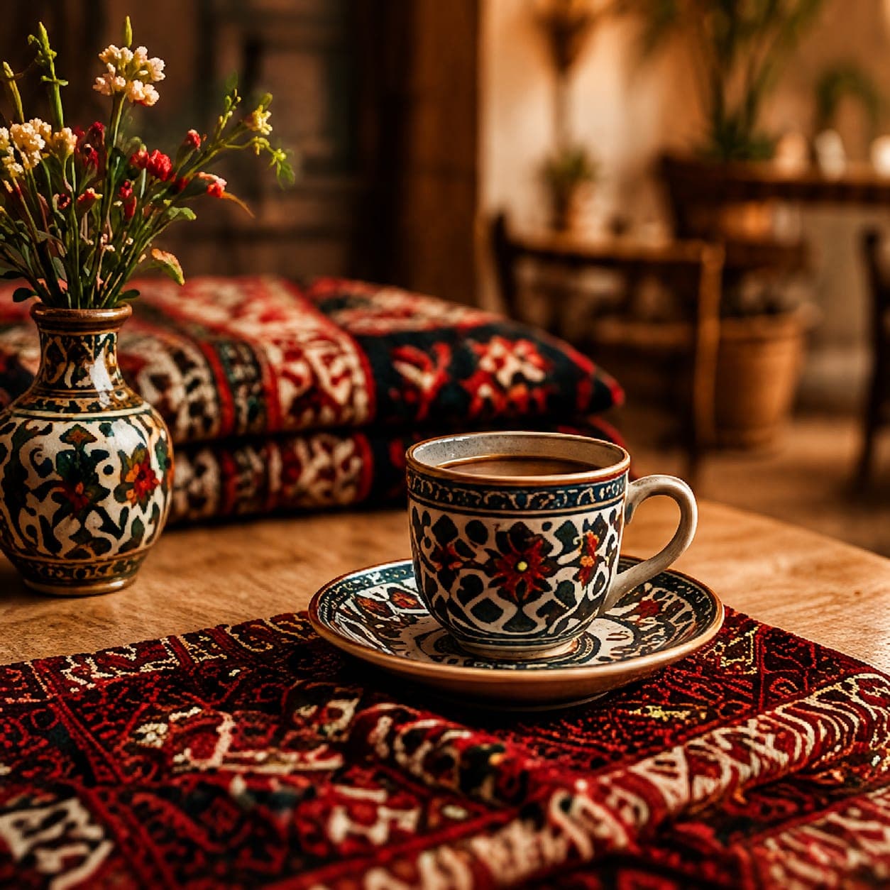 A cup of Palestinian coffee and a decorated vase on an embroidered tatreez cloth.