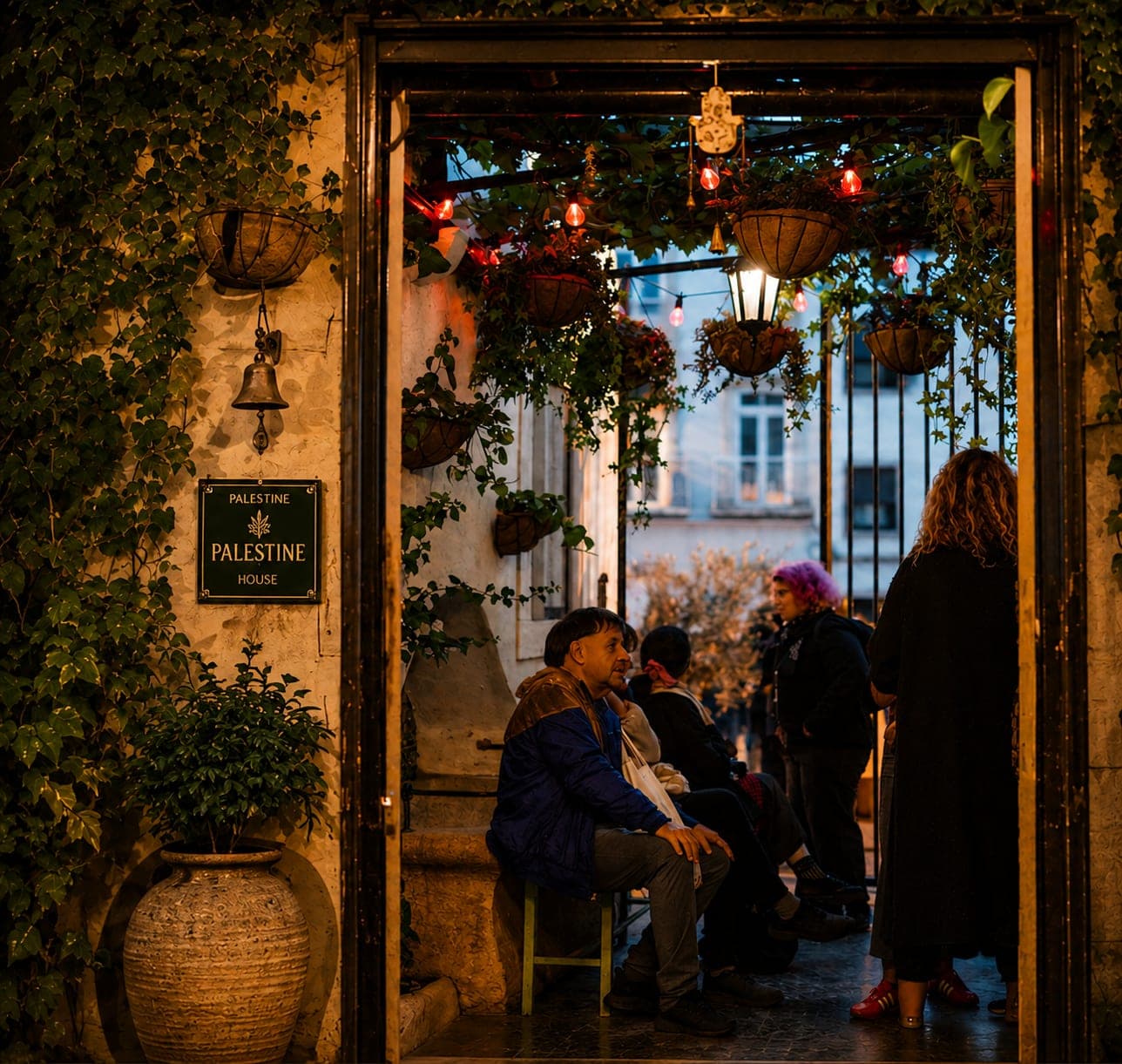 Guests gathered at the lantern-lit, ivy-framed doorway of a Palestine House in the evening.