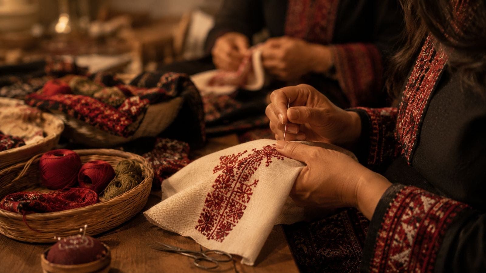 Hands stitching red tatreez embroidery at a workshop table.