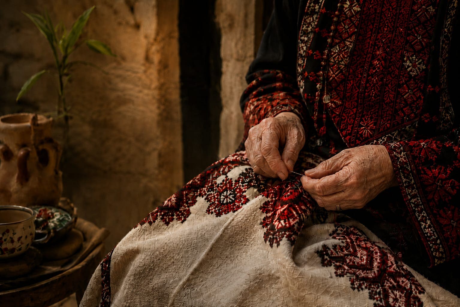 Hands embroidering red tatreez patterns on white cloth.