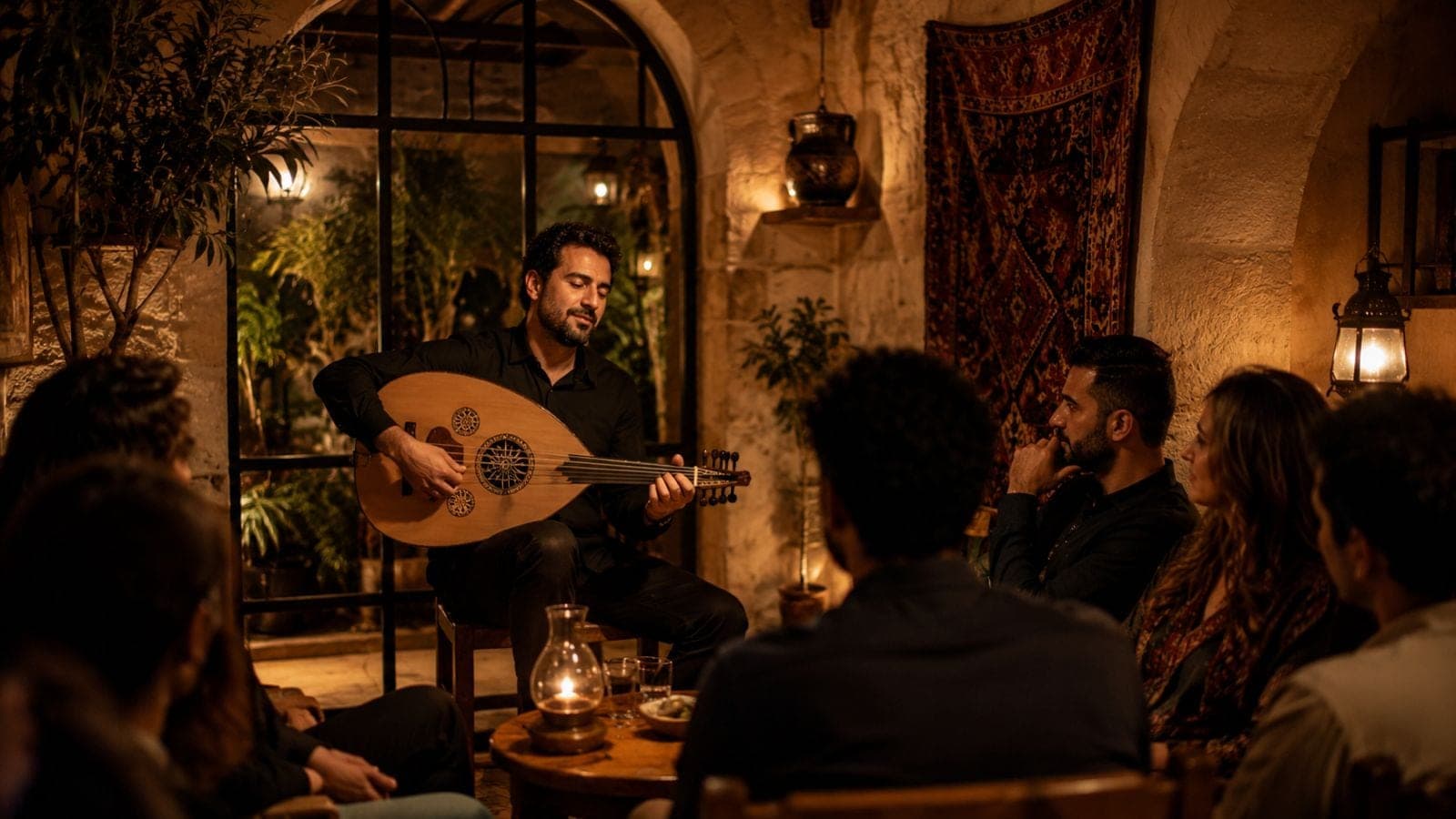 An oud player performing to a seated audience in a candlelit stone room.
