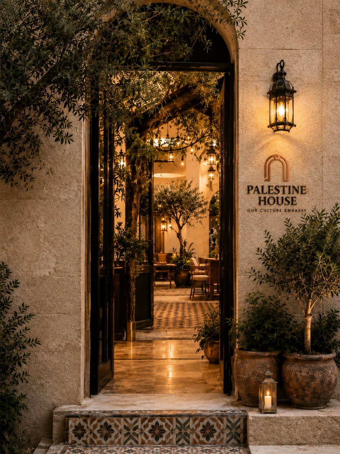 The lantern-lit entrance arch of a Palestine House at dusk, opening onto a planted courtyard café.