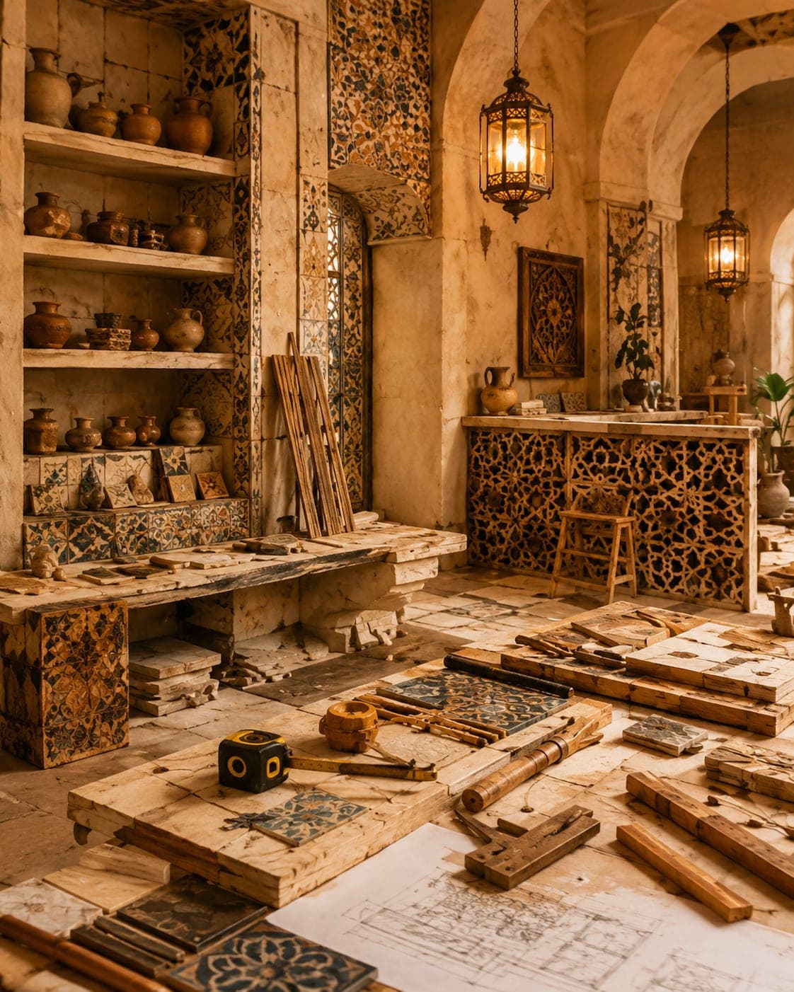 A workshop of patterned tiles, timber and lanterns mid-build.