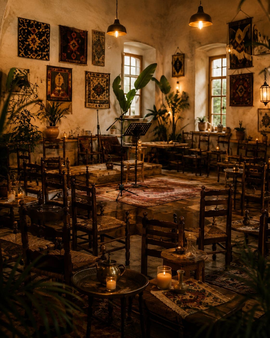 A candlelit café room set for an evening performance.