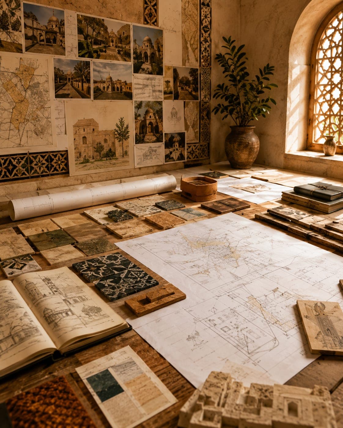 A planning studio wall of maps, sketches and tile samples for a new Palestine House.
